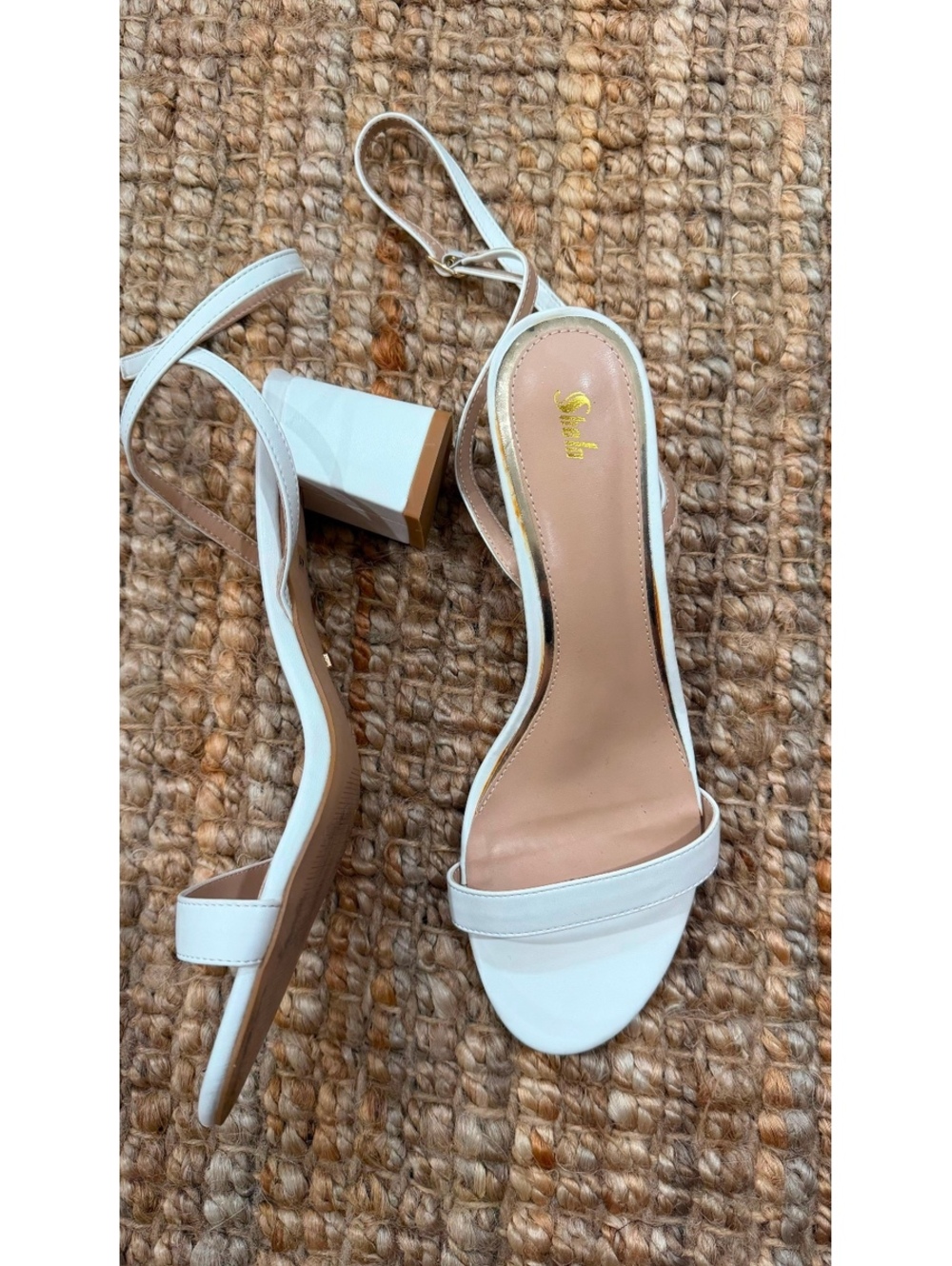 Size 9.5 White Ankle Strap Block Heel Sandals